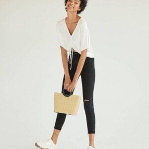 Bershka Size 4 Skinny High Rise Black Jeans Join Life Raw Hem Ripped Knees